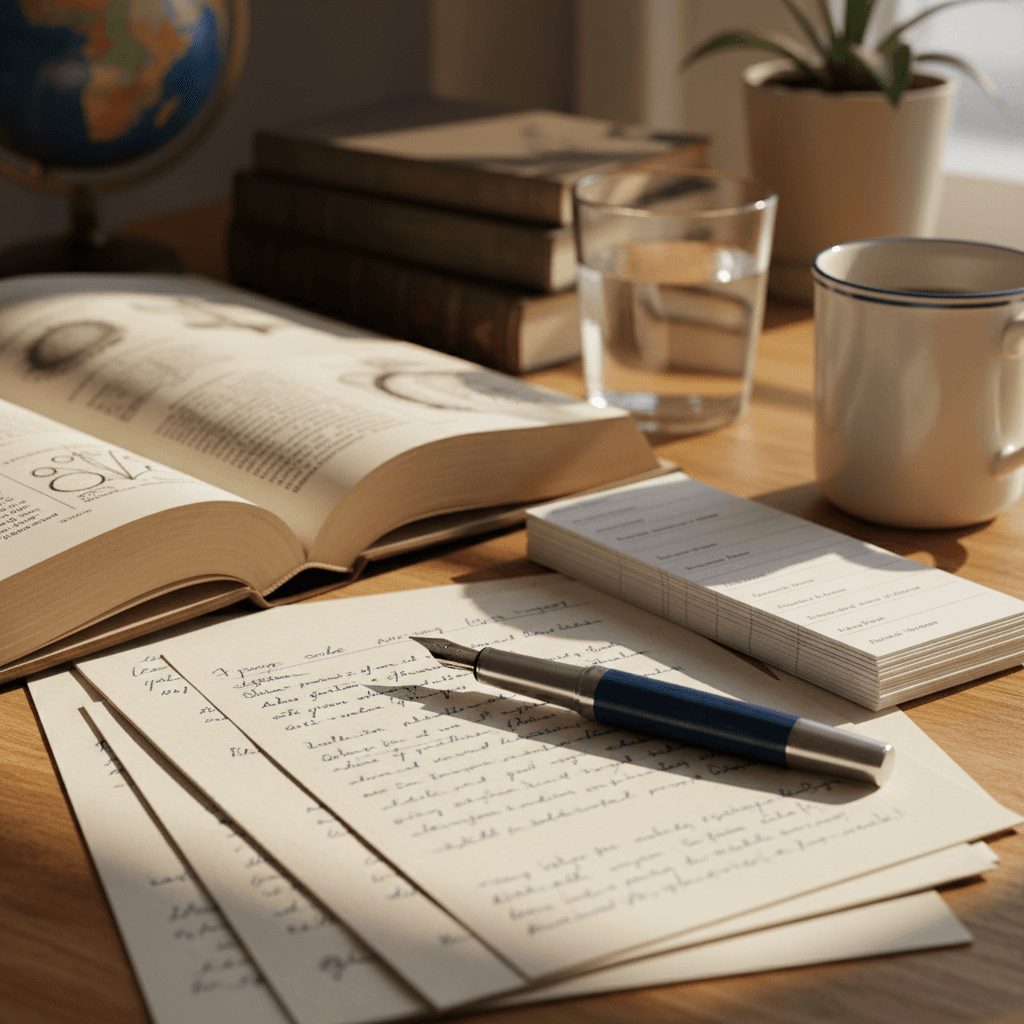 Detailed close-up of organized academic desk with open reference book, research notes, pen, and materials in warm light