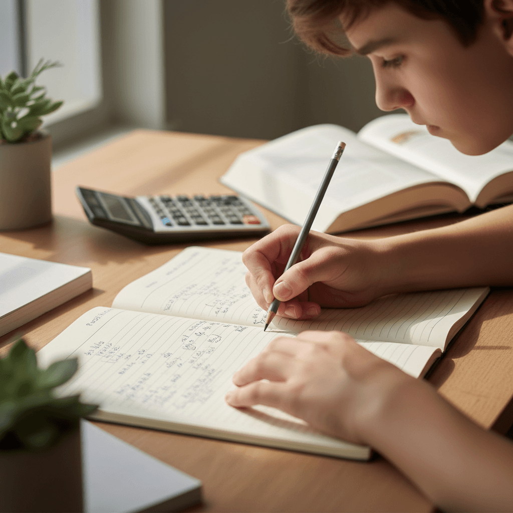 Student's hands writing notes in notebook at wooden desk with textbooks and supplies nearby