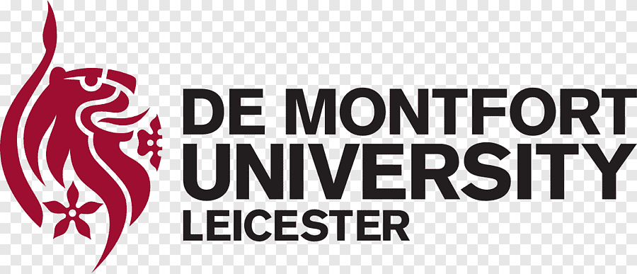 Stylized maroon lion head logo with bold black text reading De Montfort University Leicester.